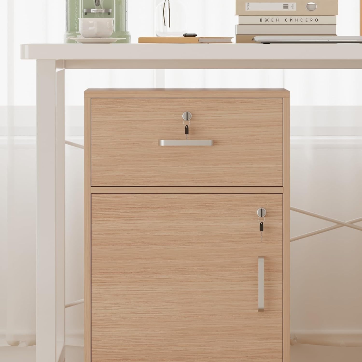 Maple Locking Rolling Desk Pedestal 1 Drawer Cabinet Under Desk