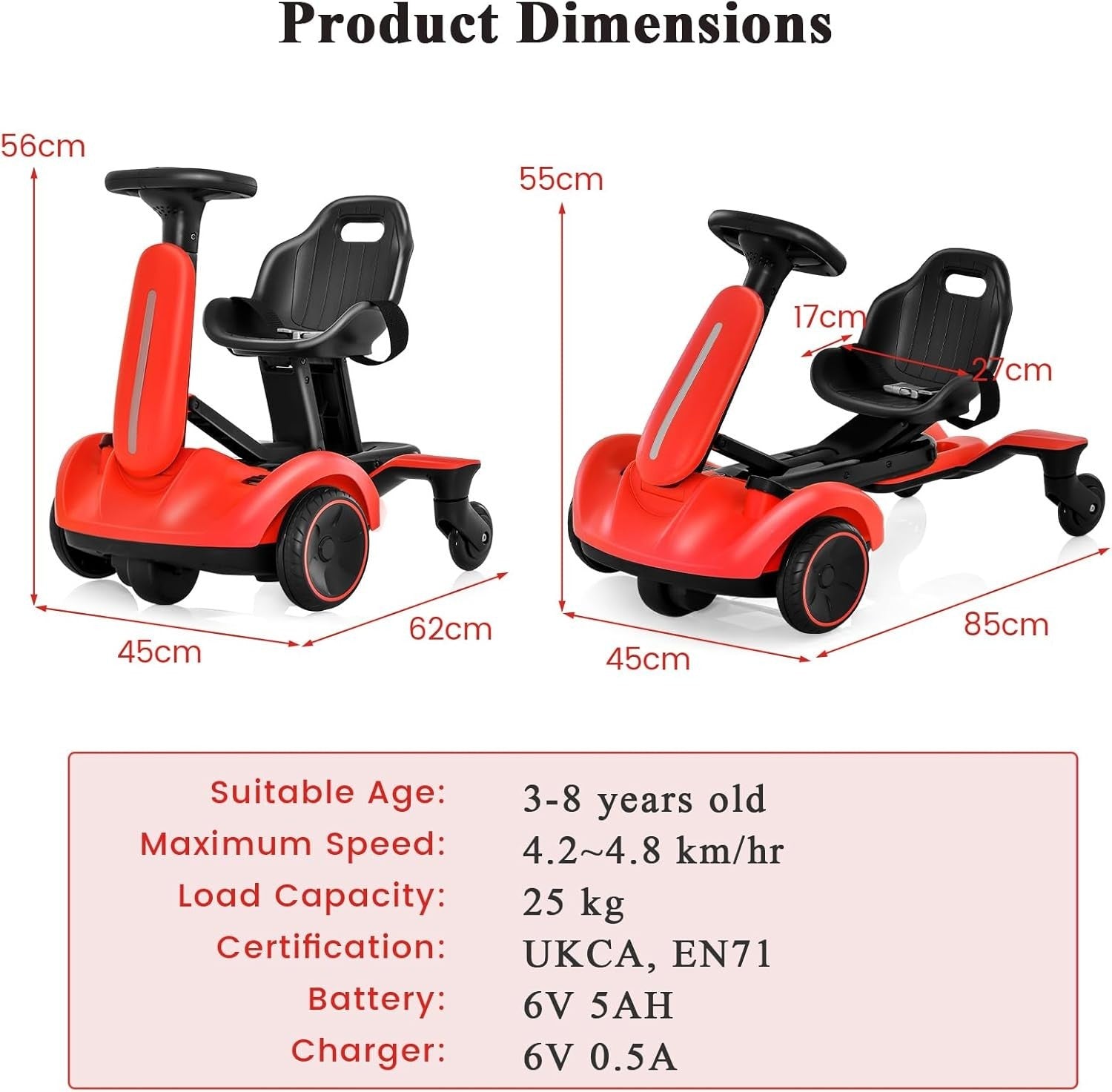 Kids Electric Racing Kart 6V 360° Drift Car Adjustable Seat Red 3-8Y