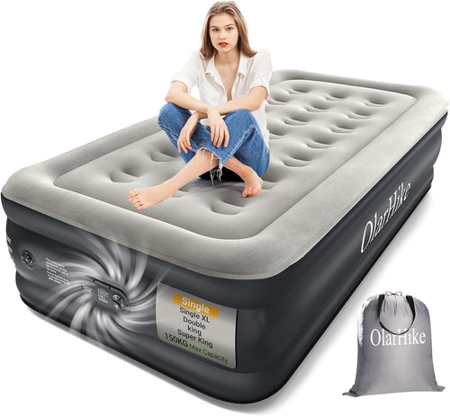 Inflatable Air Mattress Single Bed with Built-In Pump, Foldable & Flocked Top
