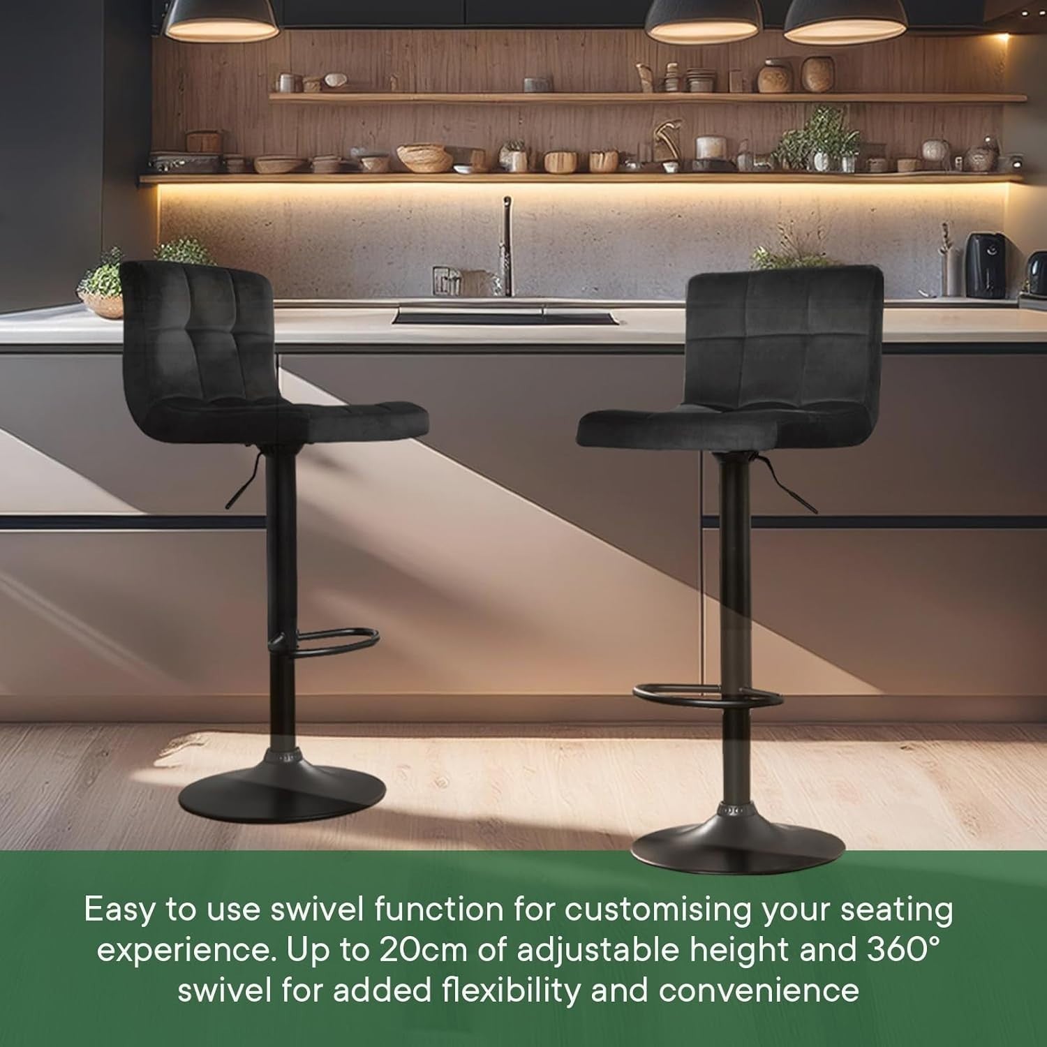 Set of 2 Adjustable Velvet Bar Stools with Swivel & Footrest – Green