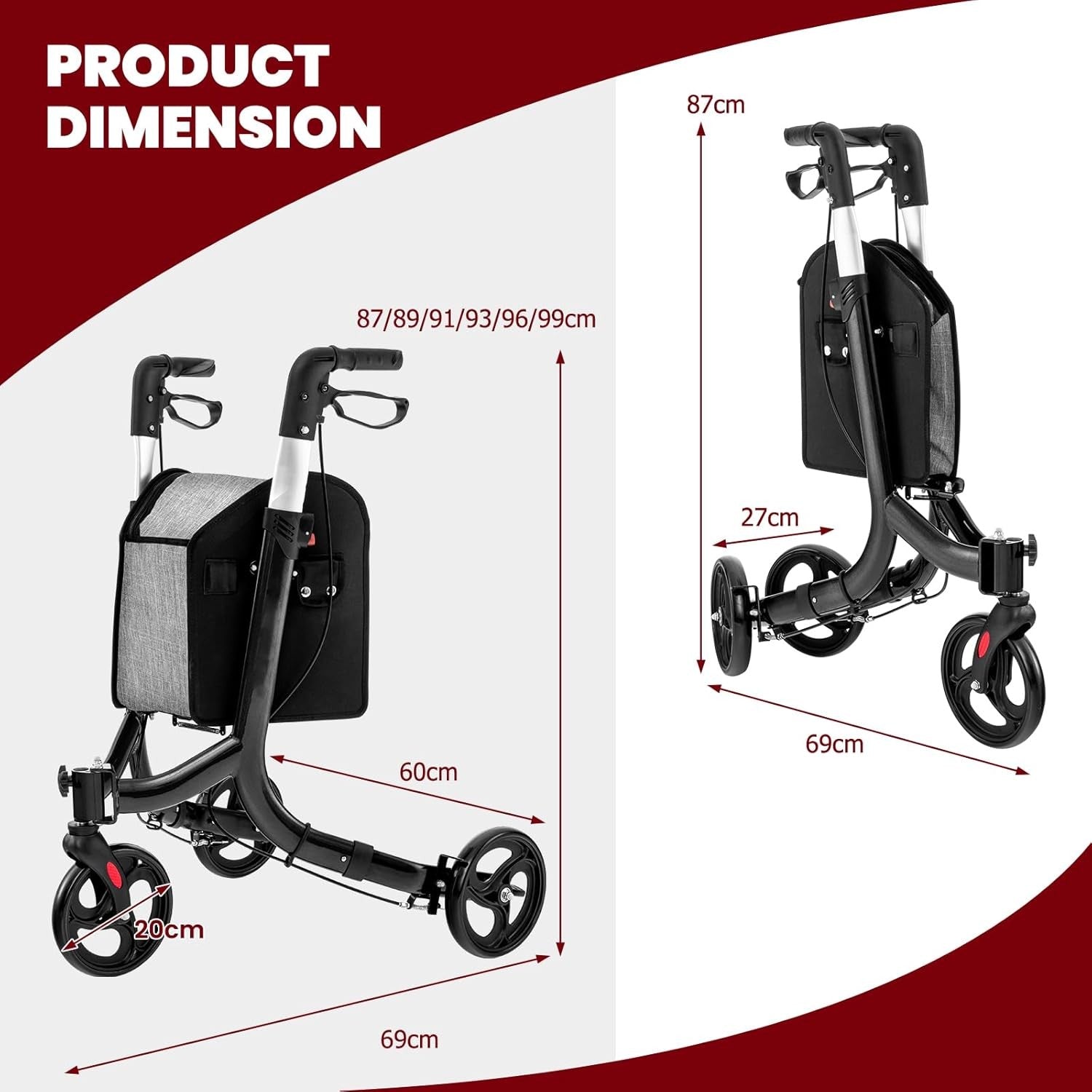 3 Wheel Folding Rollator Walker Lightweight Adjustable Mobility with Brakes