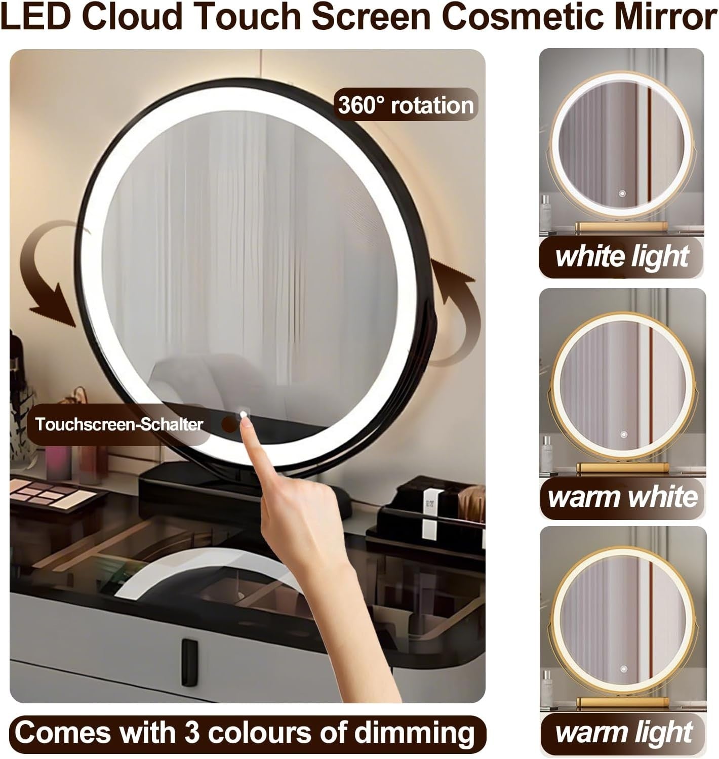 Modern Vanity Makeup Dressing Table Desk 3-Colour LED Mirror Storage Grey-Black