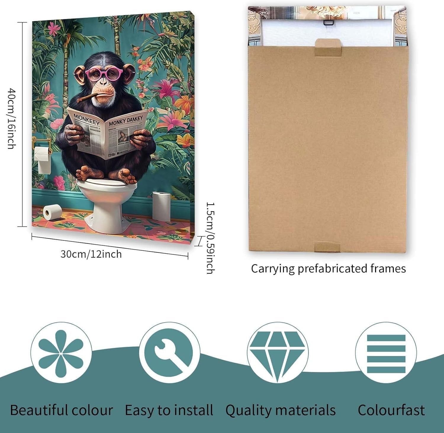 Funny Monkey Canvas Wall Art 12x16 Framed Bathroom Decor