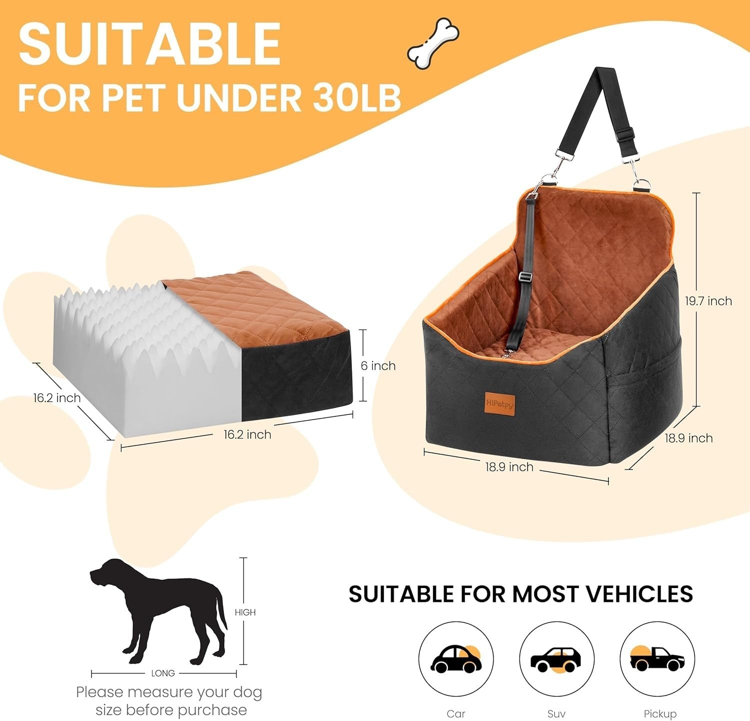 Dog Car Seat Booster Bed Thick Cushion Safety Leash Travel Seat 30lb