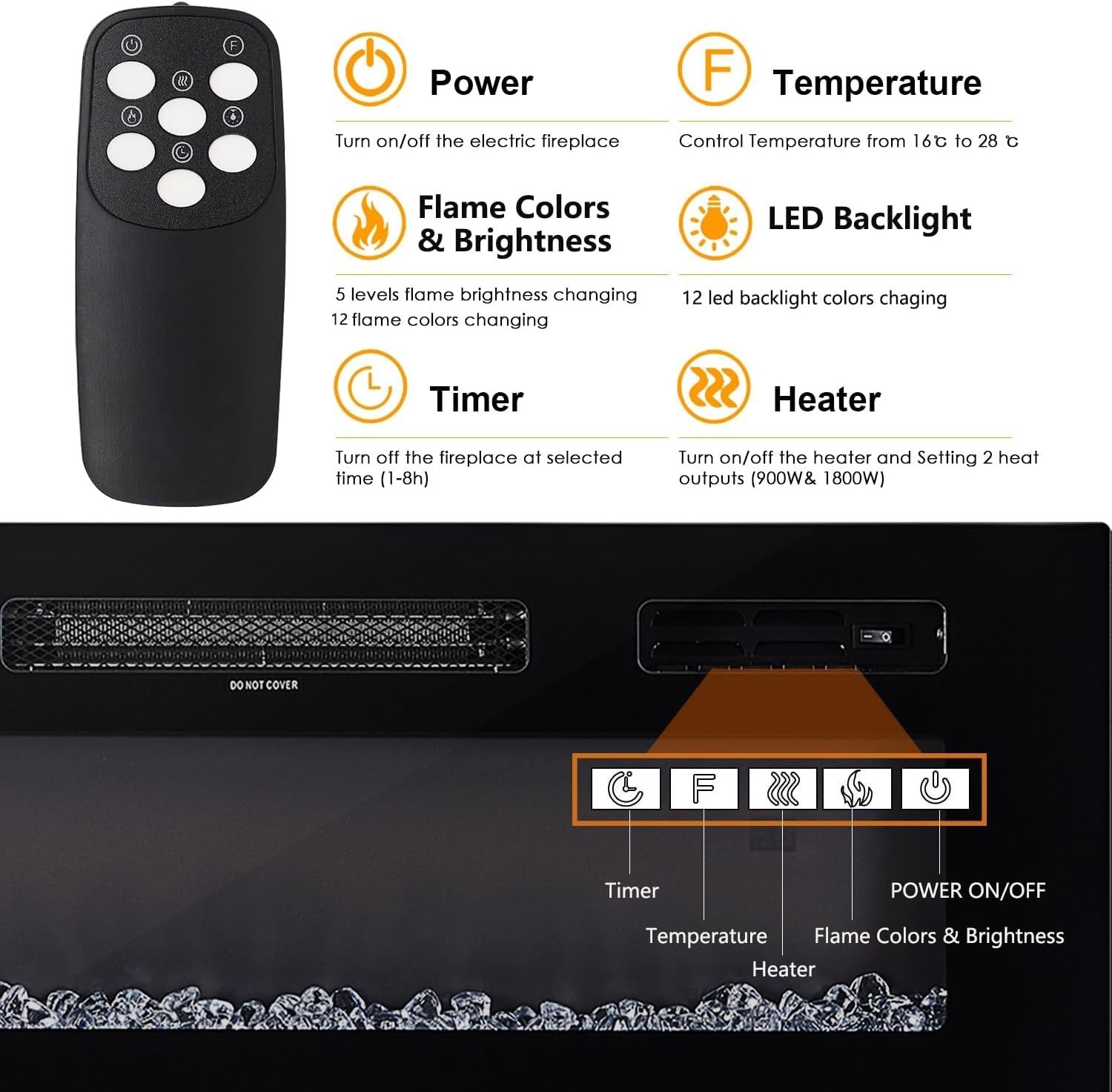 Electric Fireplace TV Stand Media Console 12 Flame Colors 900W/1800W Heater