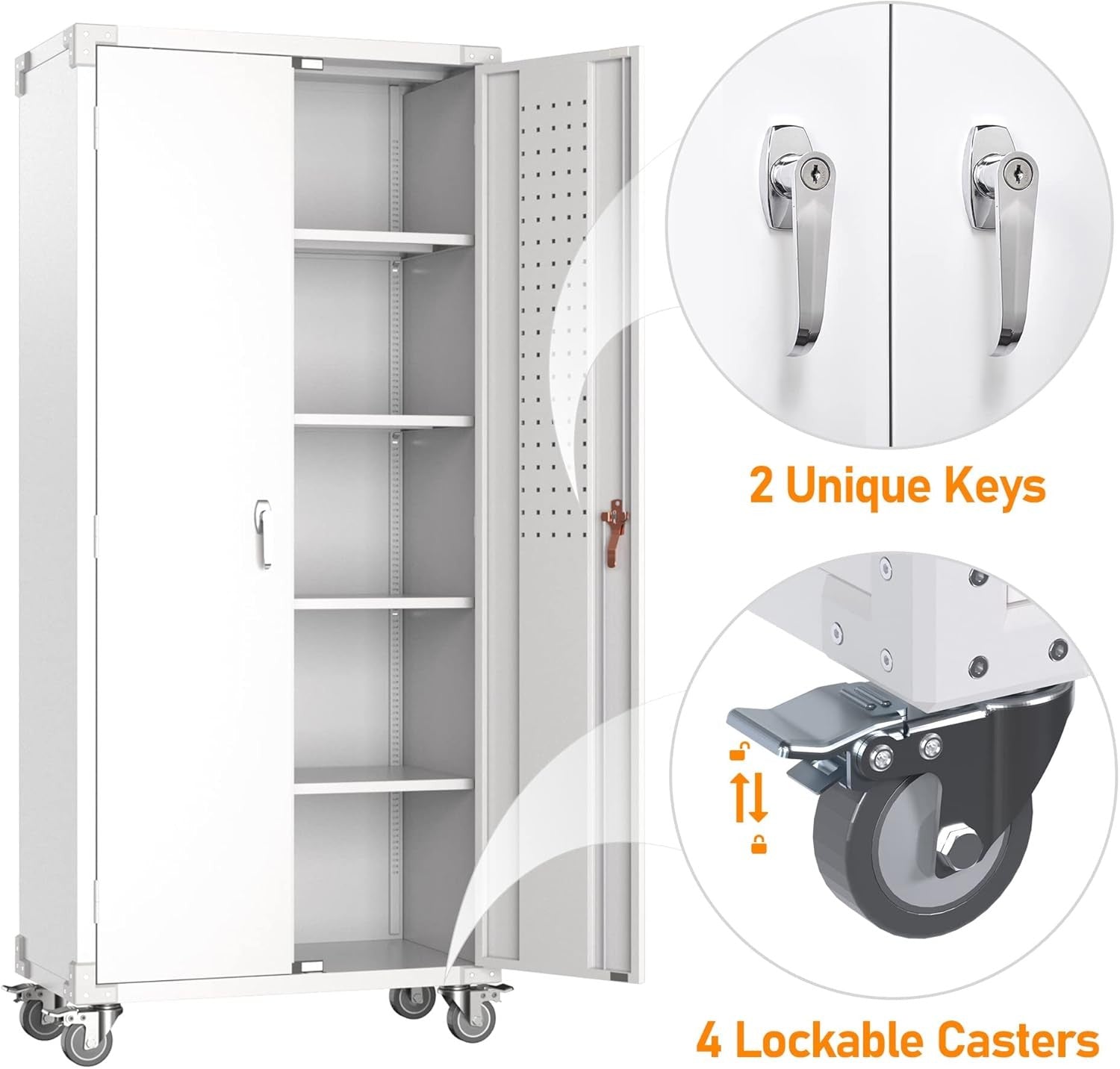 Tall Metal Storage Cabinet 183cm Lockable Doors Shelves Wheels Garage Office