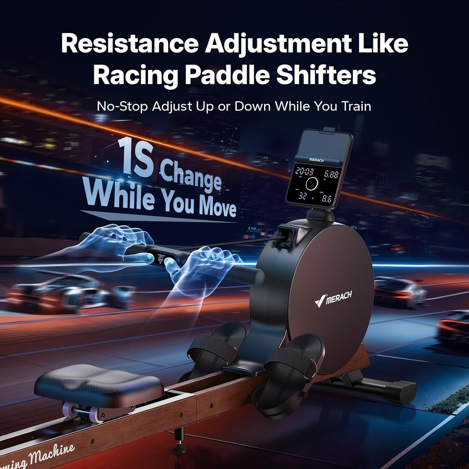 Self-Generated Rowing Machine 60kg Peak Resistance Dual Wooden Rail LED Smart