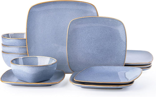 12pc Square Dinnerware Set Reactive Blue Stoneware Scratch Resistant Dishwasher