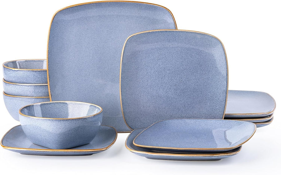 12pc Square Dinnerware Set Reactive Blue Stoneware Scratch Resistant Dishwasher