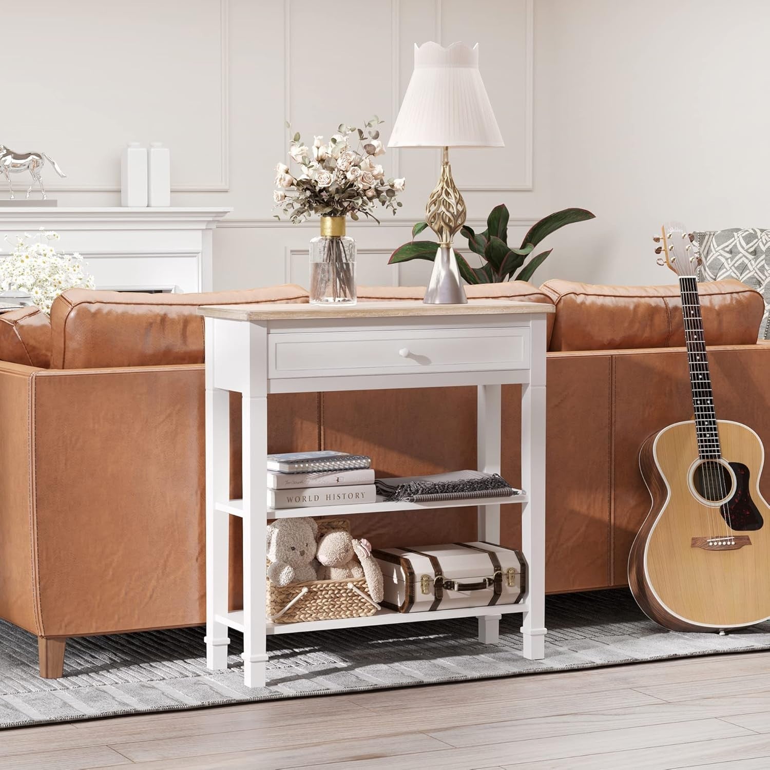 White Slim Console Table with Drawer & 2 Shelves – Hallway Entry Storage