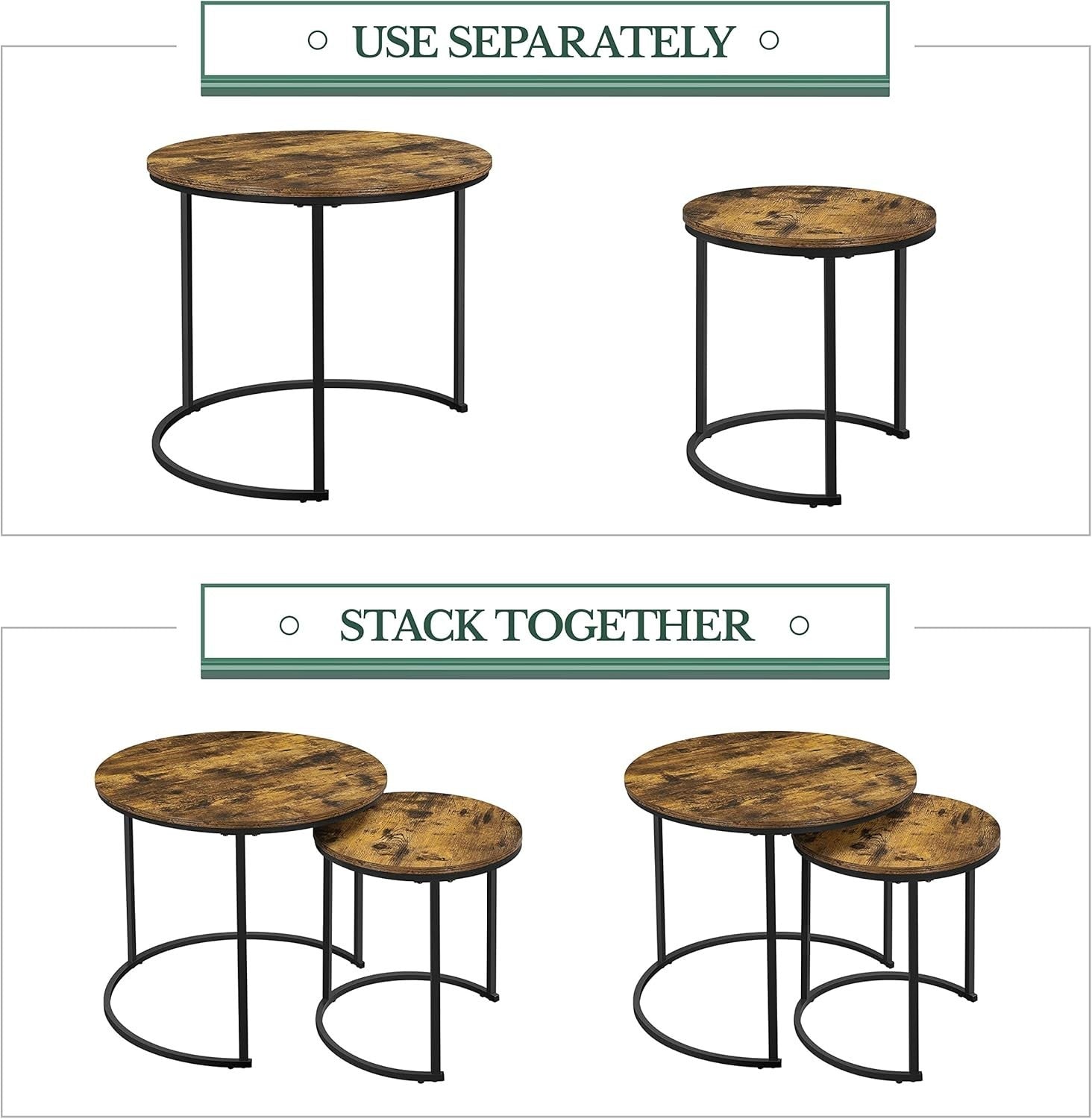 Space Saving Nesting Coffee Table Set 2 Round Rustic Wood Side End Tables Metal