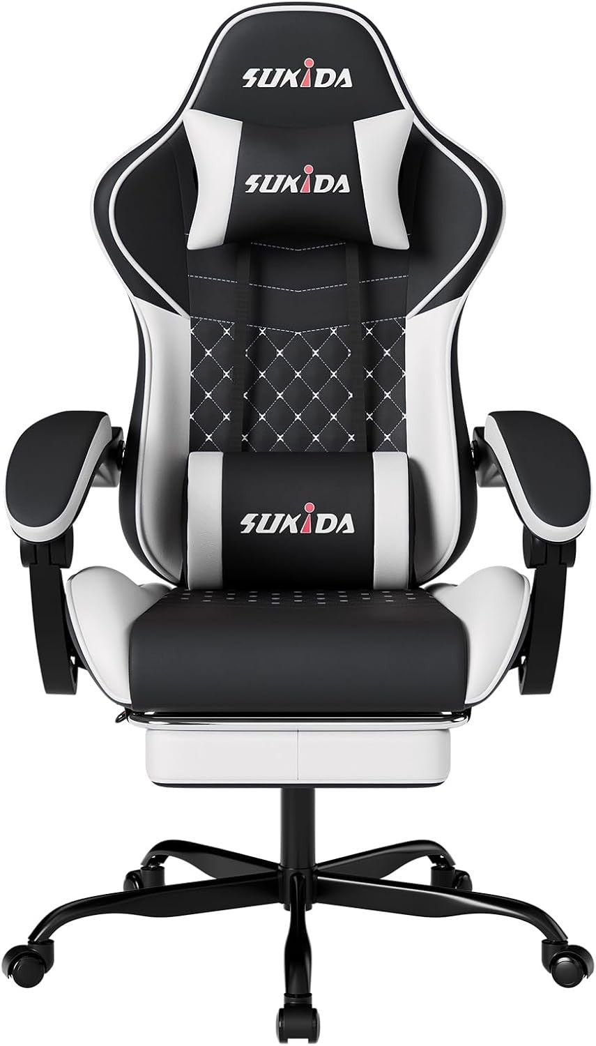 Ergonomic Gaming Chair with Footrest & Massage Support – Black White PC Seat