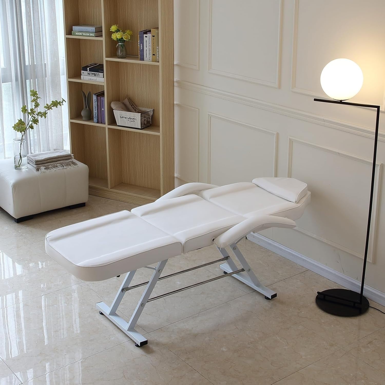 3-Section Beauty Massage Bed Adjustable Therapy Chair w/ Stool & Sheets White