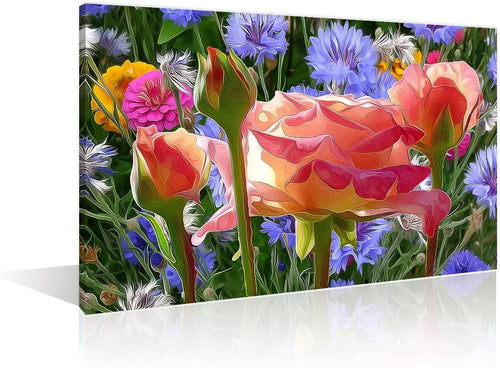 Pink Floral Canvas Wall Art 24x16in Framed Modern