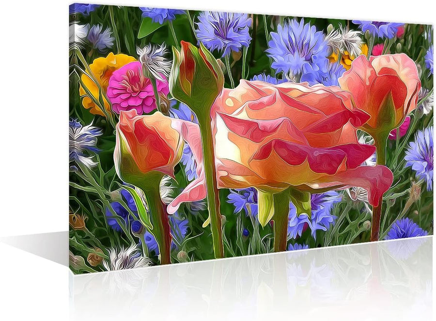 Pink Floral Canvas Wall Art 24x16in Framed Modern