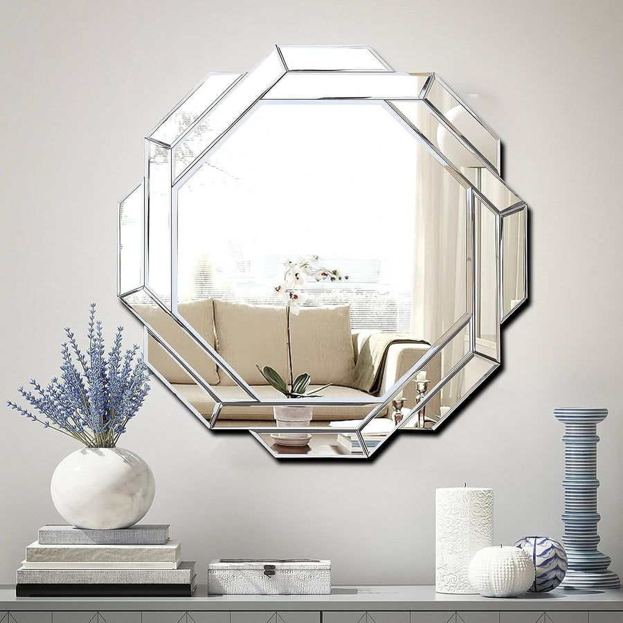 Hexagonal Frameless Wall Mirror 80x80cm, Sleek Silver Beveled Design