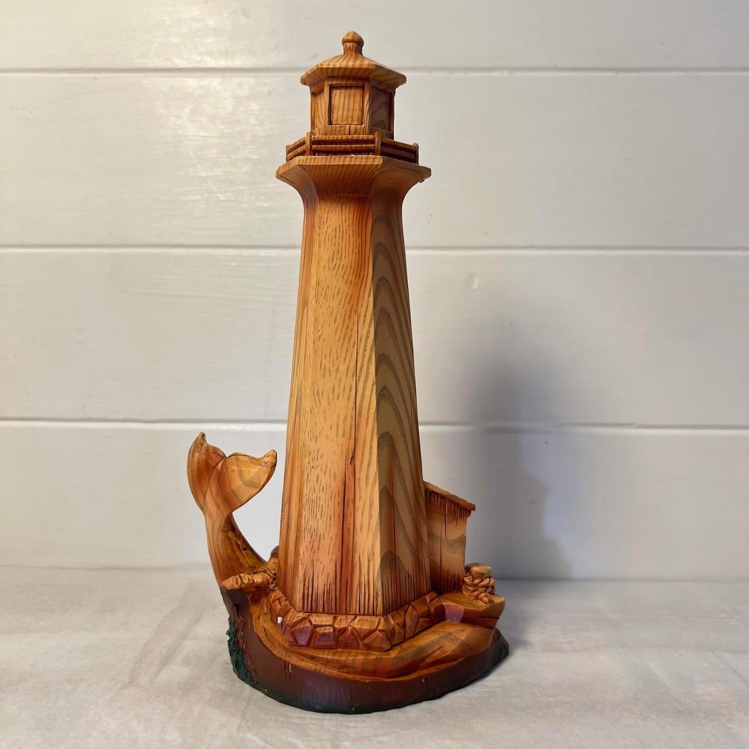 Wood-Effect Lighthouse Ornament 22cm | Nautical Decor Sculpture | Whale Tail