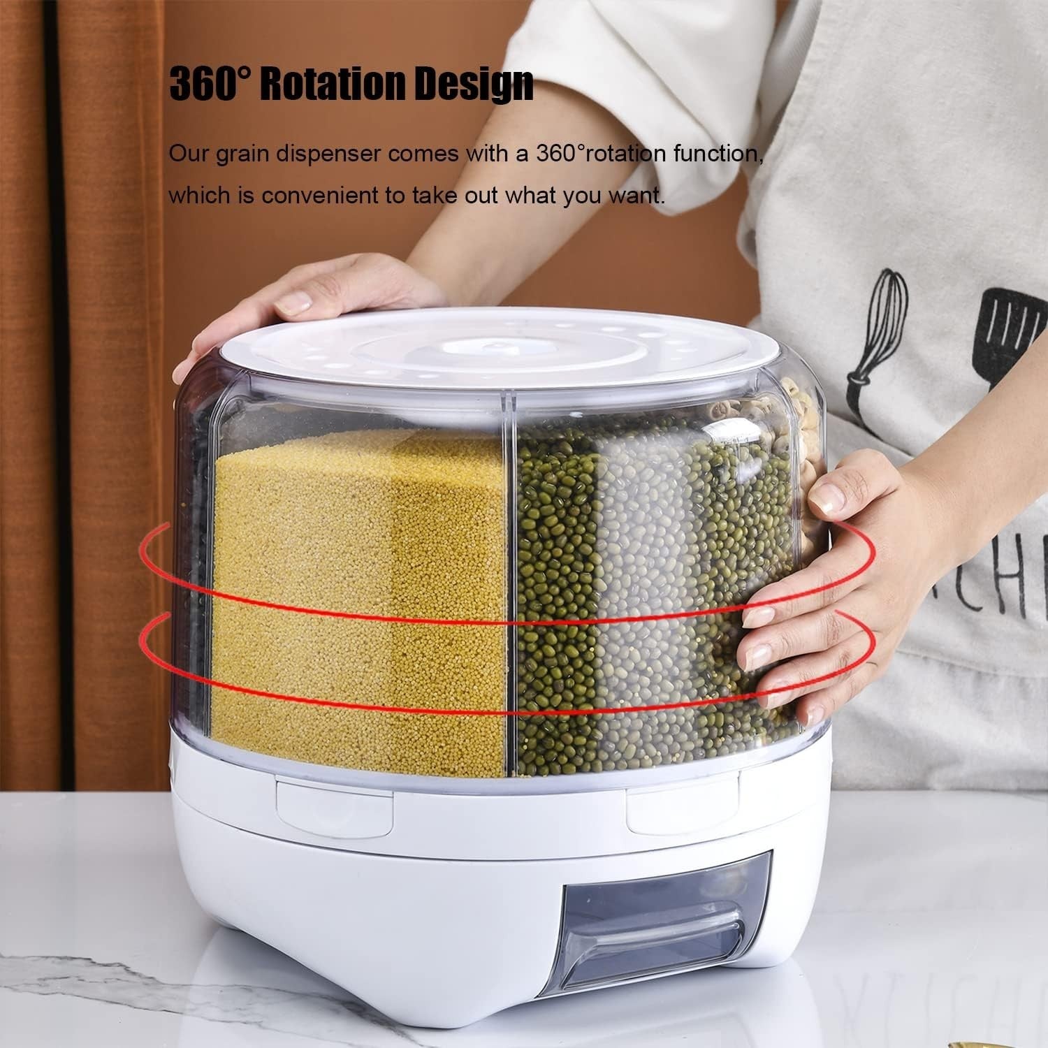 20LBS 360° Rotating Rice Dispenser 6 Grid Airtight Grain Bin