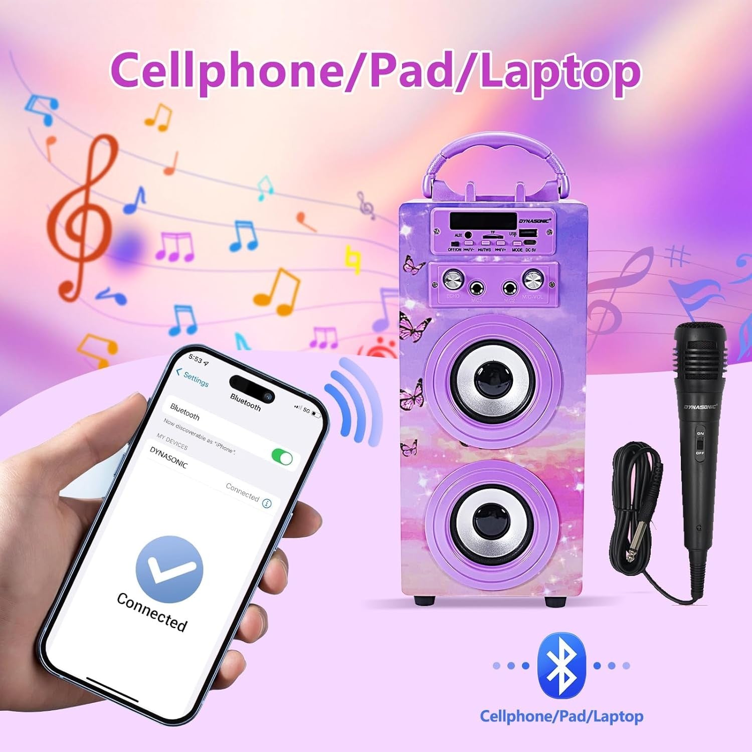 DYNASONIC Karaoke Machine Bluetooth 2 Mics LED Lights Teens