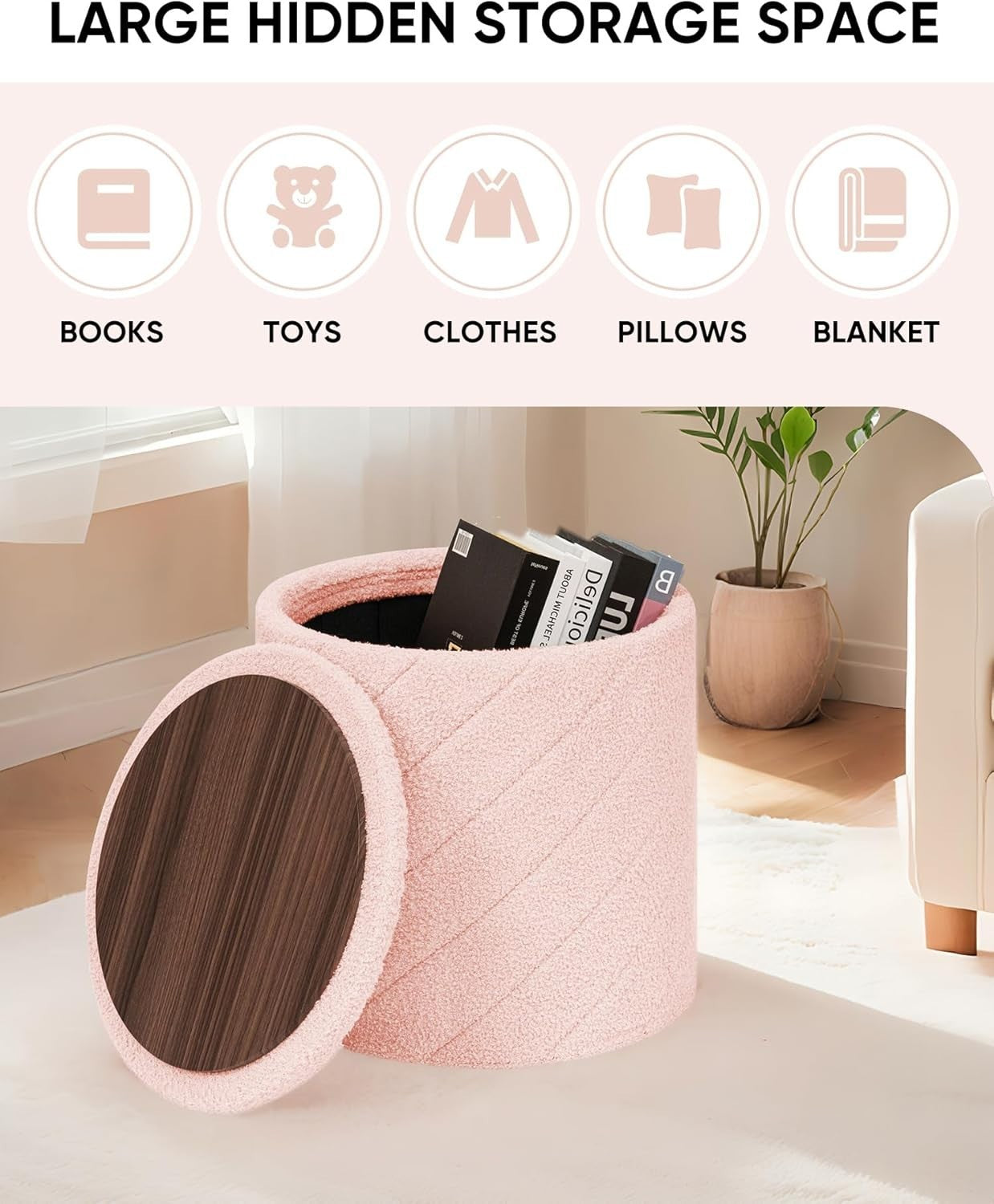 Pink Boucle Storage Ottoman Round Folding Footstool Tray-Top Vanity Seat
