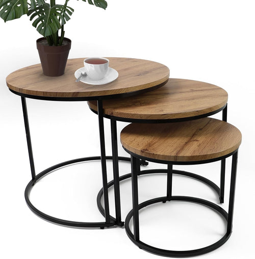 Nesting End Tables Set of 3 Wood Look Top Metal Legs Coffee Side Accent Space Sa