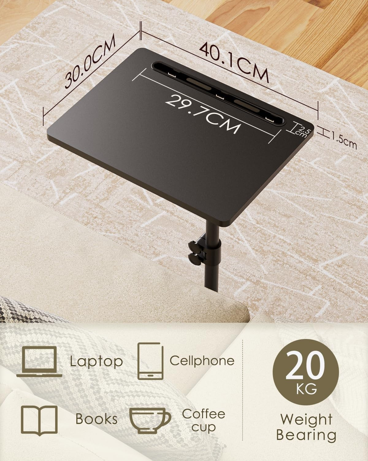 Adjustable C-Shaped Swivel Side Table 40x30x(45-81)cm Black Coffee Tray