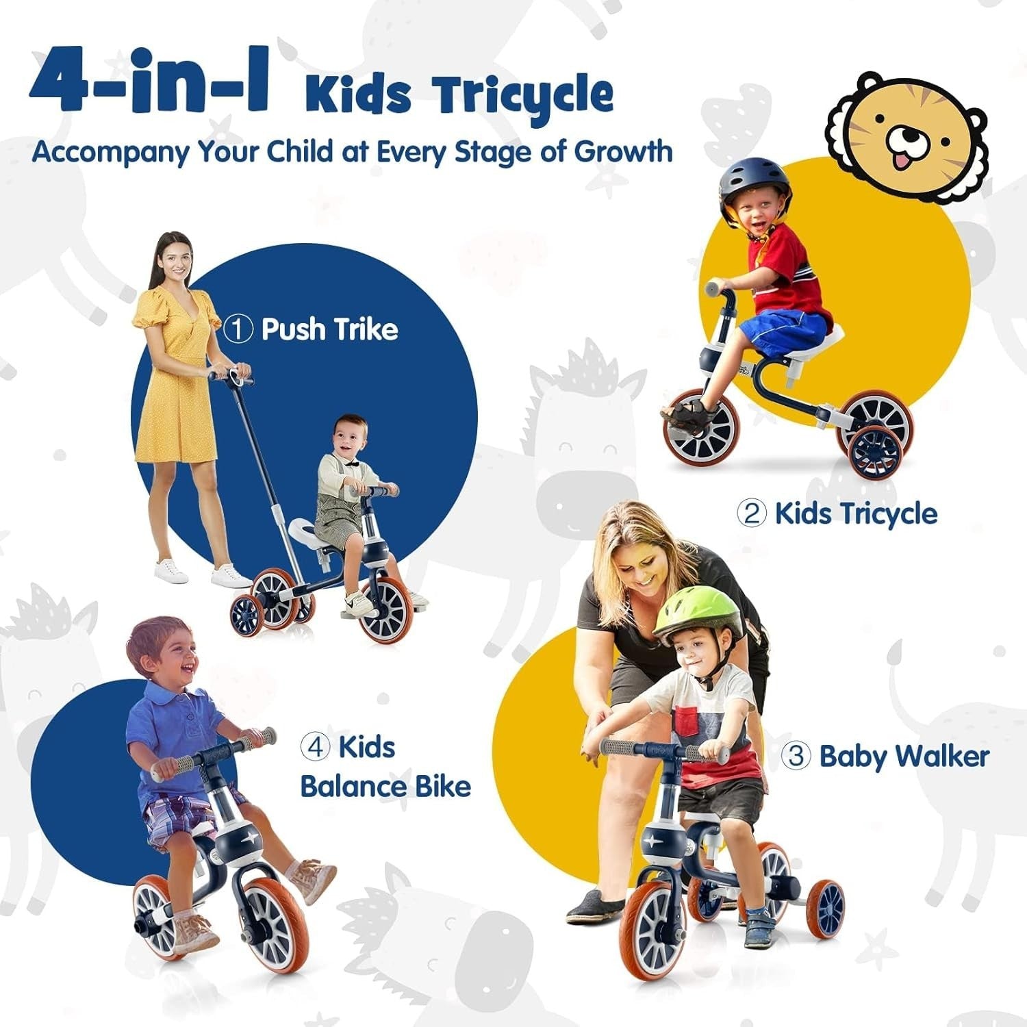 4 in 1 Kids Trike Balance Bike Push Tricycle Adjustable Handle EVA