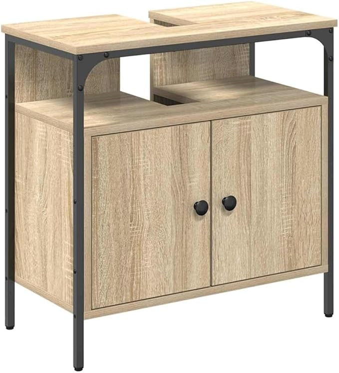 Beige Bathroom Sink Cabinet 60cm Vanity Unit Storage Cupboard with Metal Legs