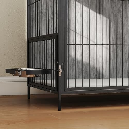 Dog Crate Furniture with Feeding Bowls & Storage, Lockable Doors, Grey