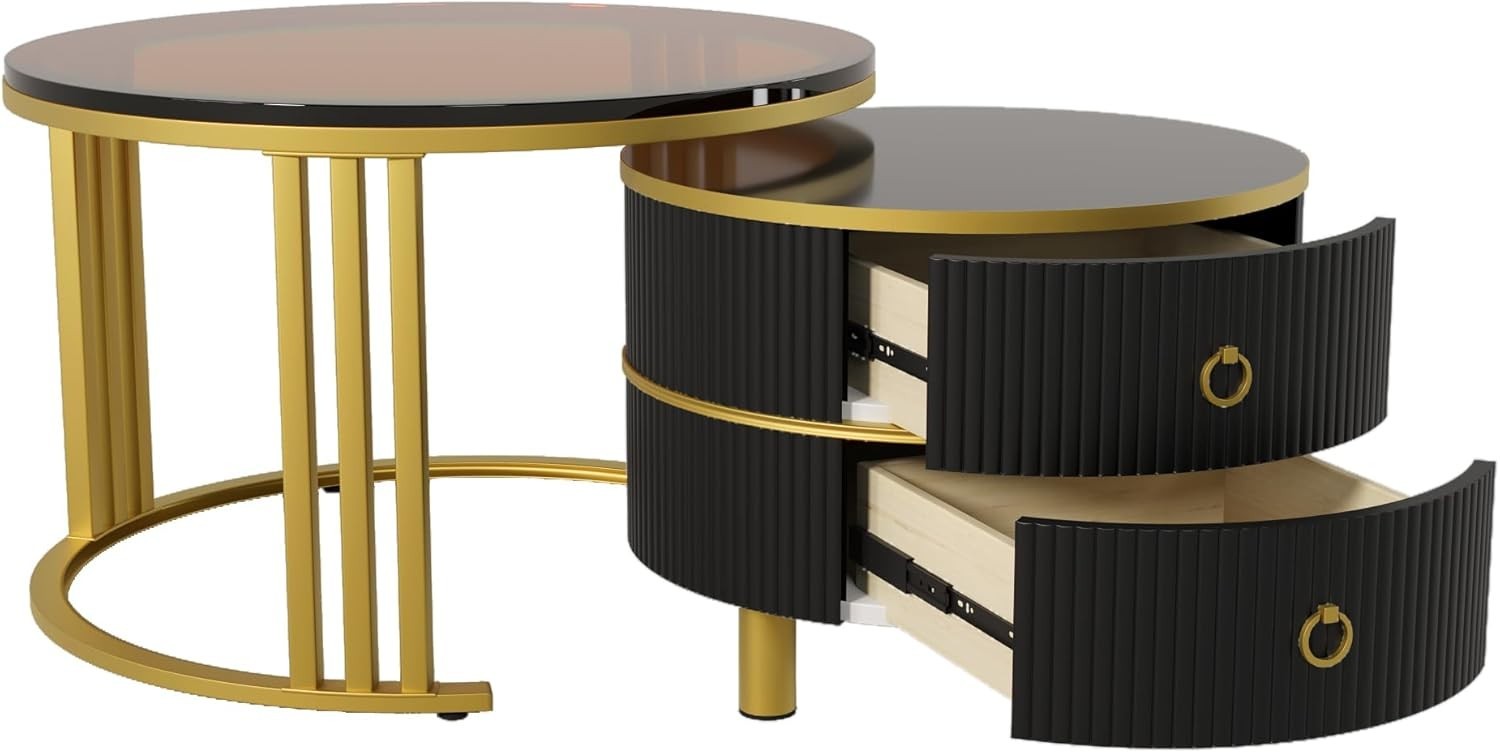 Round Glass Nesting Coffee Table Set with Drawers – Space Saving, Modern