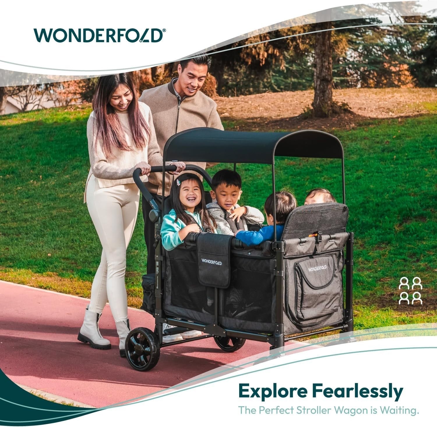 4-Seater Folding Stroller Wagon Volcanic Black w/ Canopy All-Terrain Wheels