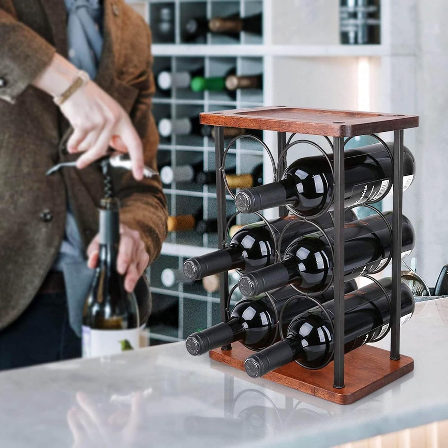 Countertop Wine Rack Holder 6 Bottle Storage Metal & Wood Free Standing Display
