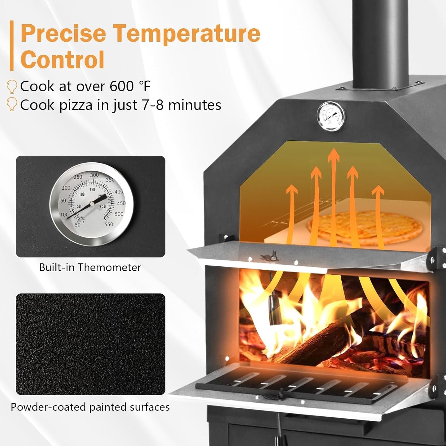 Outdoor Wood Fired Pizza Oven | BBQ Grill with Chimney, Stone & Thermometer
