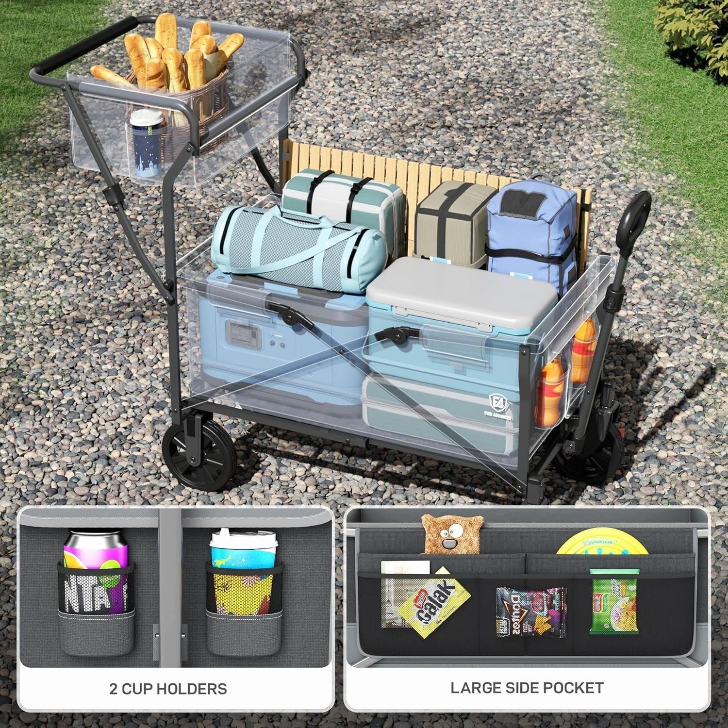 Grey Push Pull Folding Camping Wagon 120kg Festival Trolley w/ Basket & Brakes