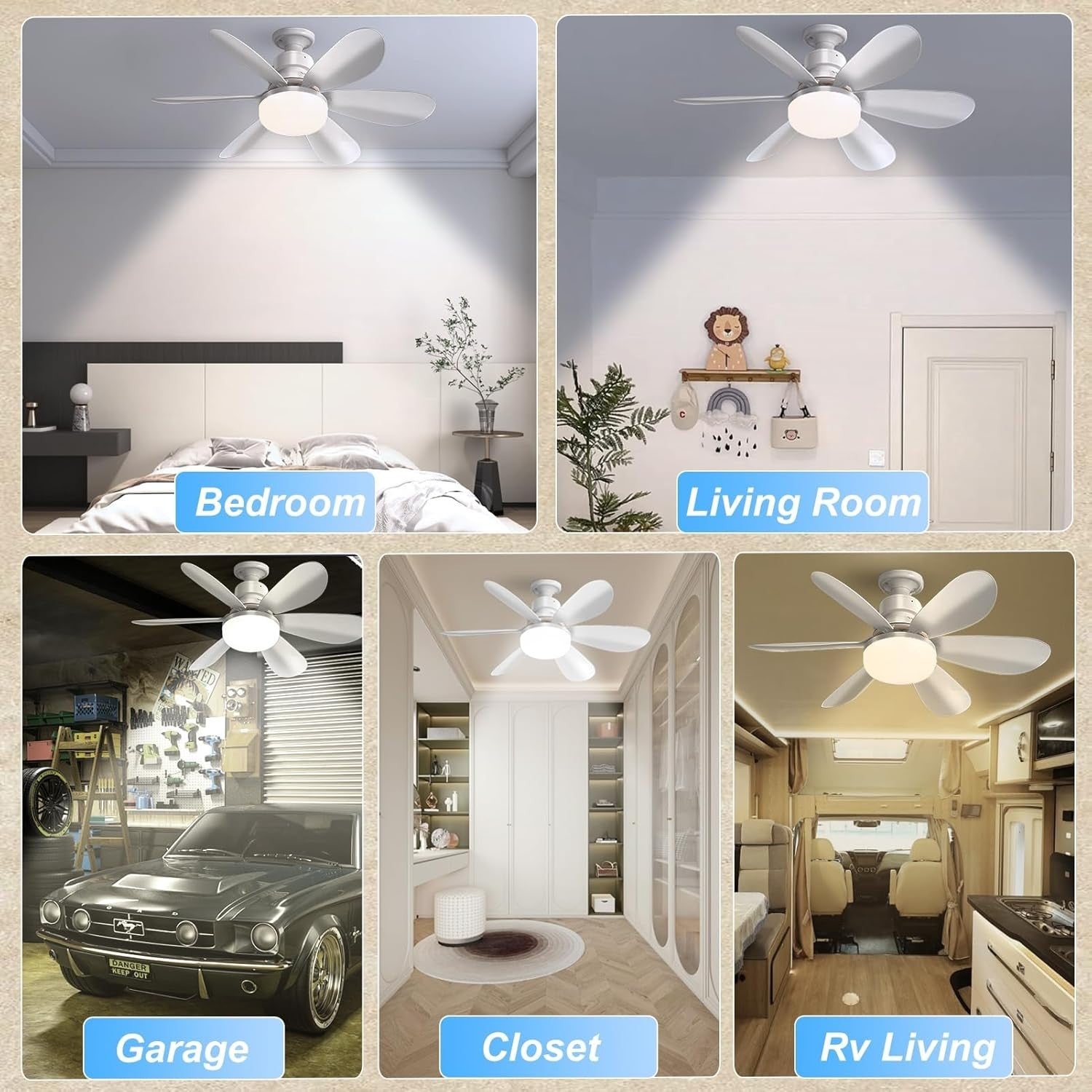 52cm Ceiling Fan, LED Light, E27 Base, Remote, 3 Speeds, Dimmable