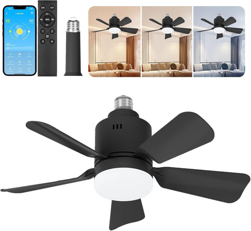 Black Ceiling Fan Light, Dimmable E26/E27, 5 Blades, 3 Colors, Remote & App