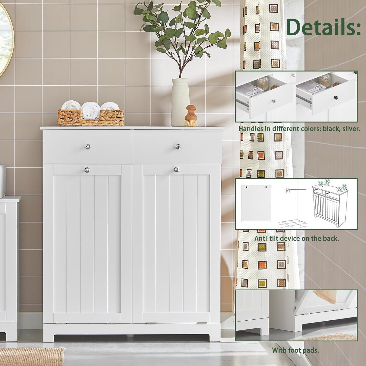 Bathroom Laundry Cabinet Storage Unit with Drawers & Baskets White MDF