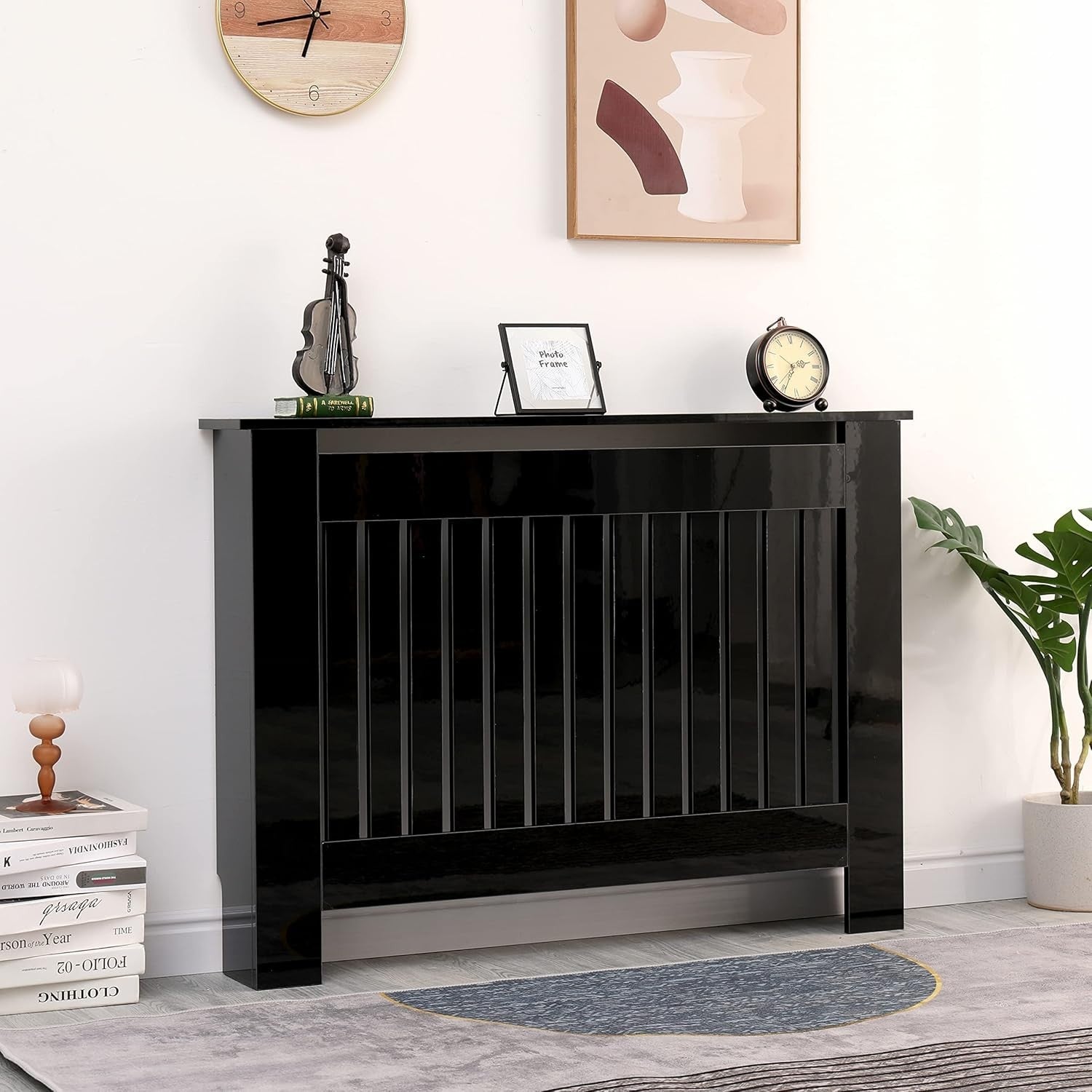 High Gloss Black Radiator Cover Modern Vertical Slat MDF Cabinet W111xH82cm