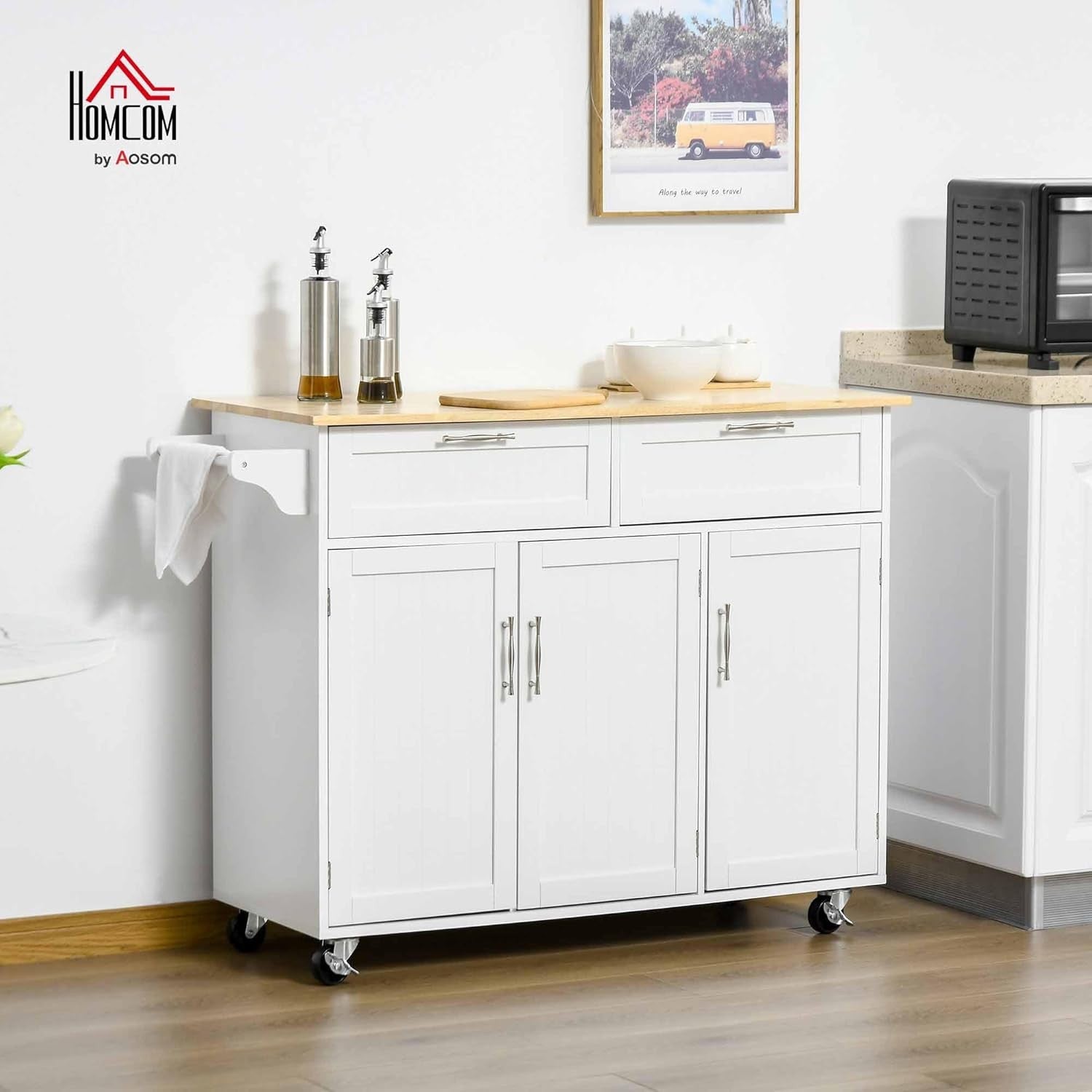 Kitchen Island Trolley Rolling Storage Cart Drawers Cabinets Wooden Top