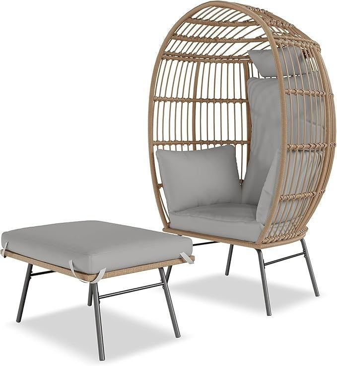 Luxury Rattan Egg Chair with Ottoman Outdoor Indoor Garden Seat Grey Cushion
