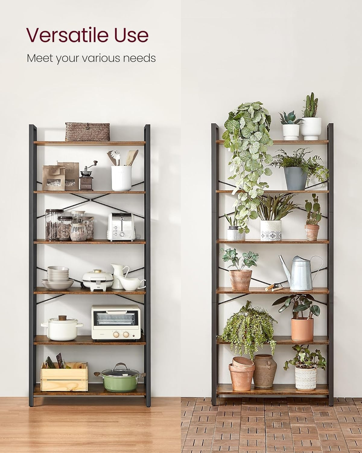6-Tier Industrial Bookshelf Rustic Brown 80W x 186H cm Sturdy Storage
