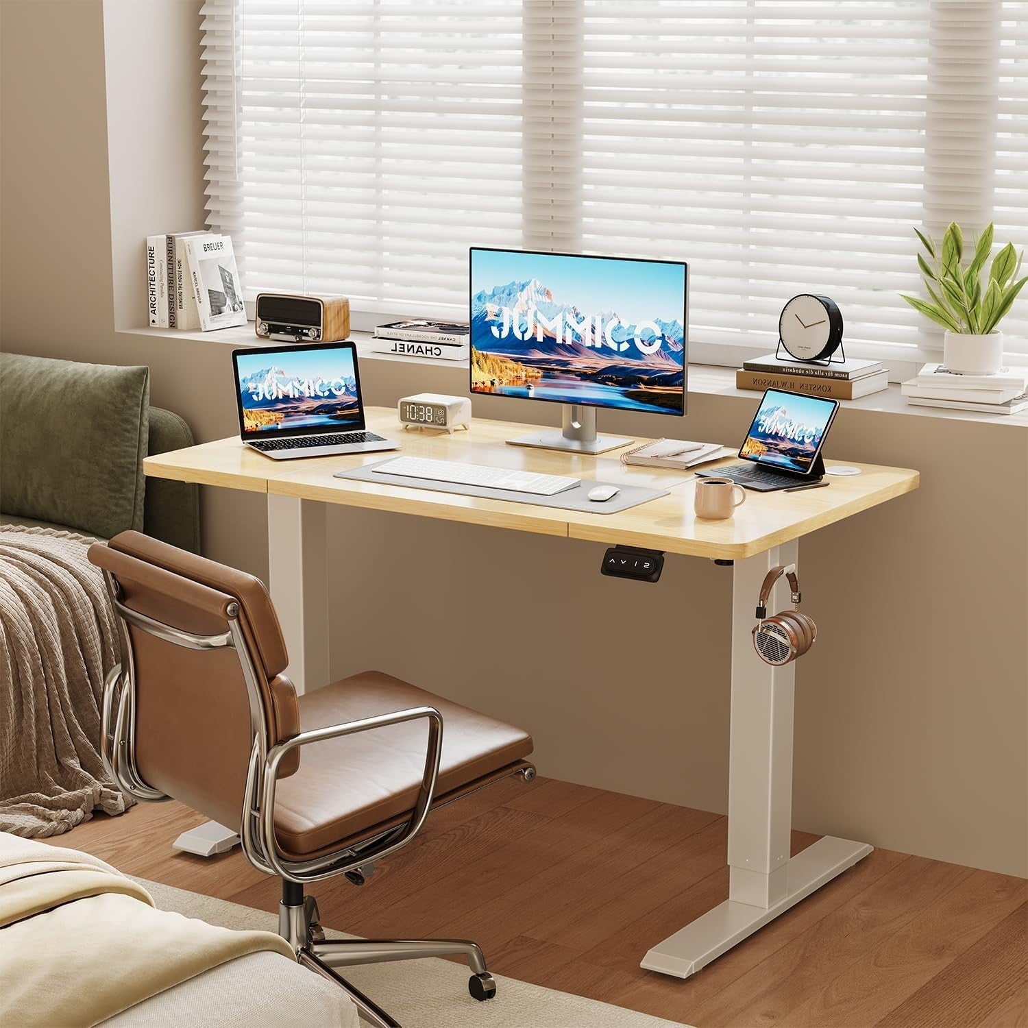 Electric Standing Desk 120x60cm Adjustable Beige Sit Stand Table with Memory