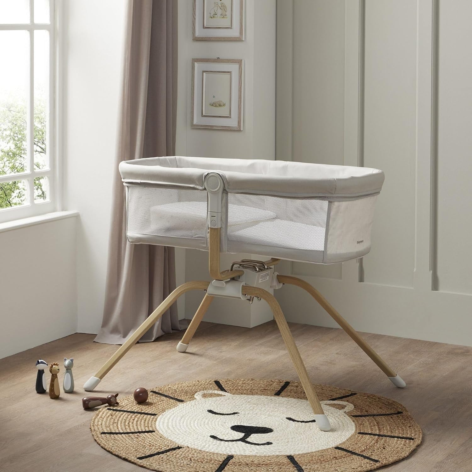 Gliding Baby Crib with Mattress Portable Lightweight Travel Bassinet Light Grey
