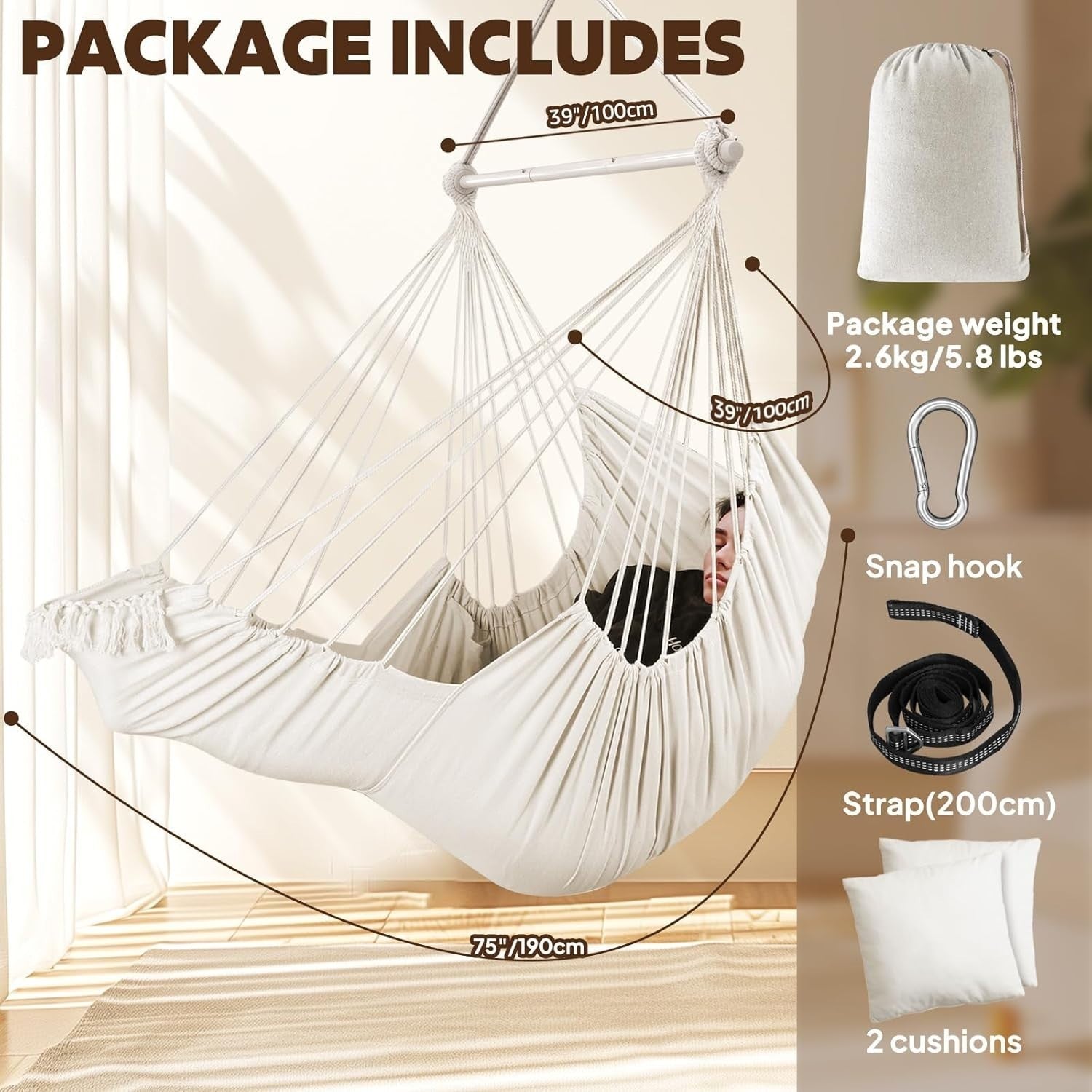 Cream Hammock Chair with Footrest & 2 Cushions | 550lbs Indoor Outdoor Swing