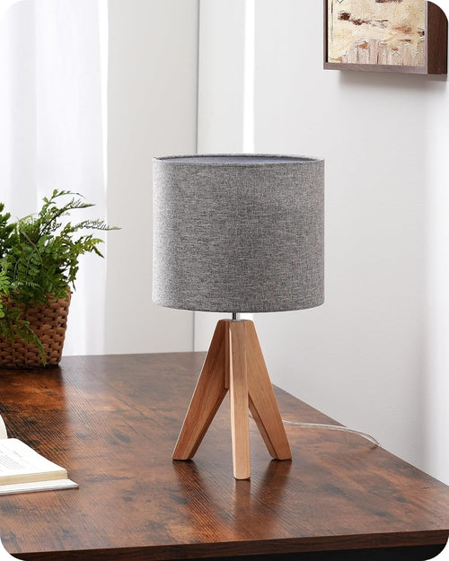Tripod Bedside Table  Grey Linen Shade Wooden Base Modern Desk Light 36cm