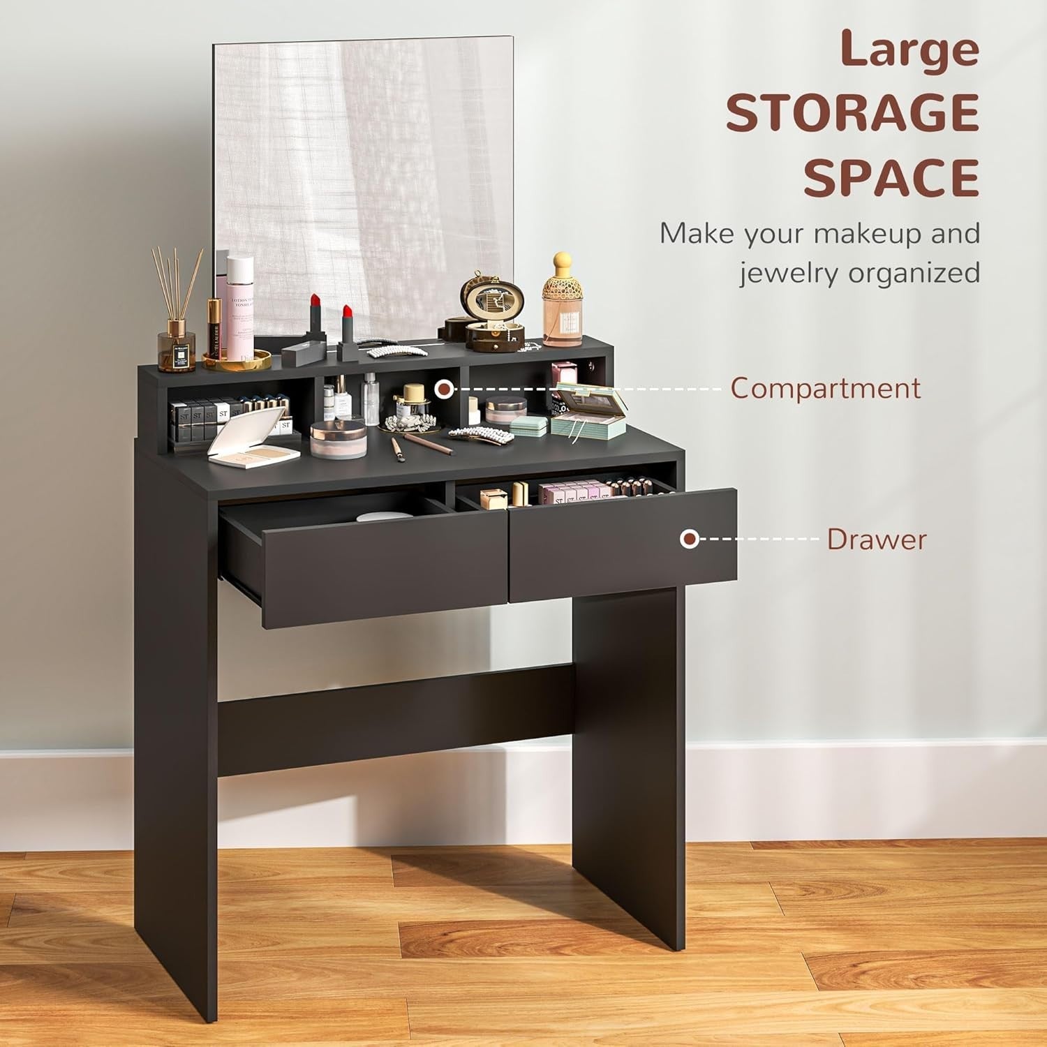 Compact Dressing Table Vanity Desk with Mirror 2 Drawers Shelves Black Wood
