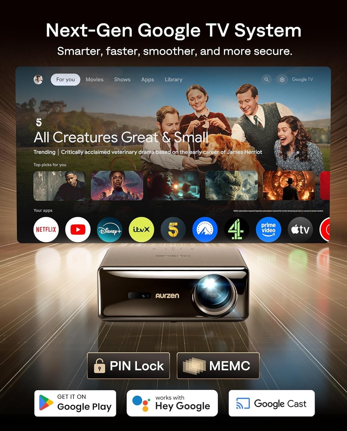 1080P Google TV Projector 1000 ANSI Dolby 20W WiFi Bluetooth 4K