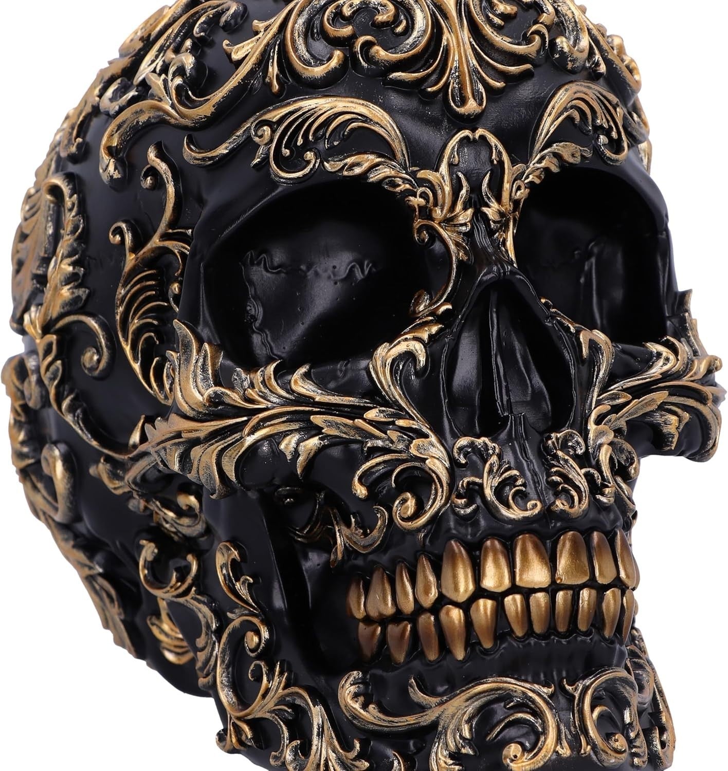 Baroque Skull Ornament 19cm Black Gold Resin Gothic Decor Ornate Display Piece