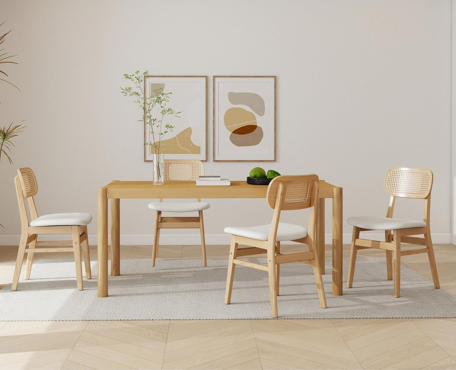 White PU Leather Dining Chairs Set of 2 Wooden Frame Rattan Back Kitchen