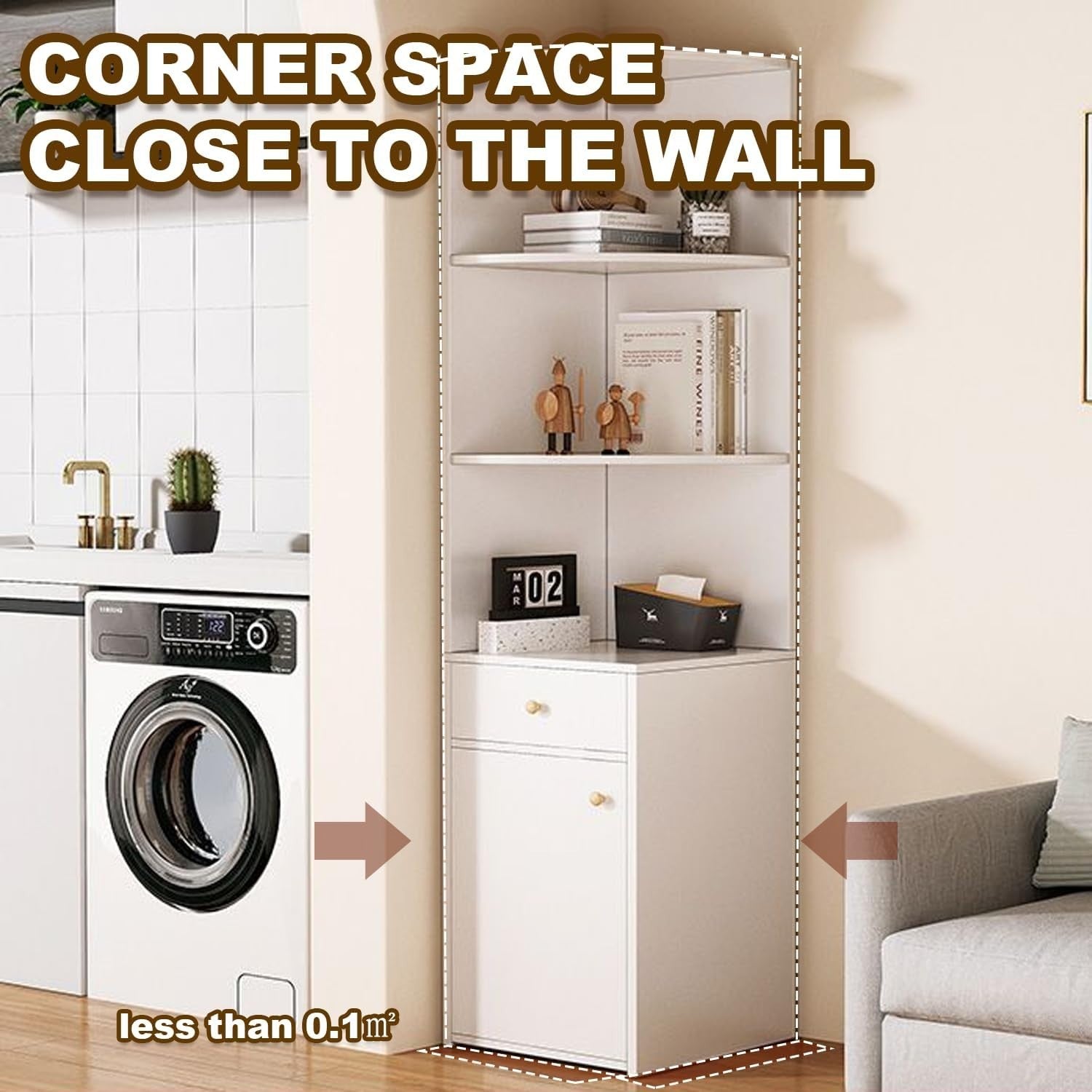 Corner Storage Cabinet White 3-Tier Shelves with Drawer & Door 150x30cm